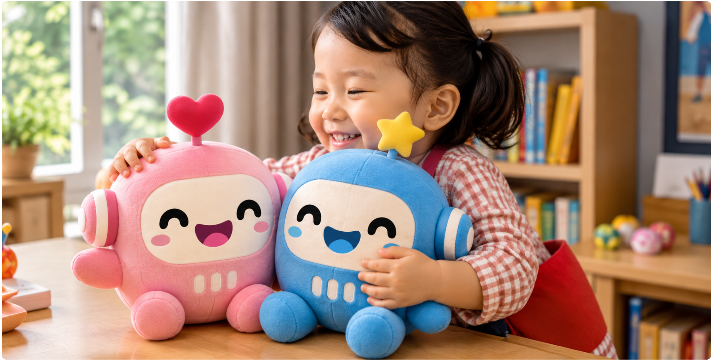 Child with Little Bots plushies